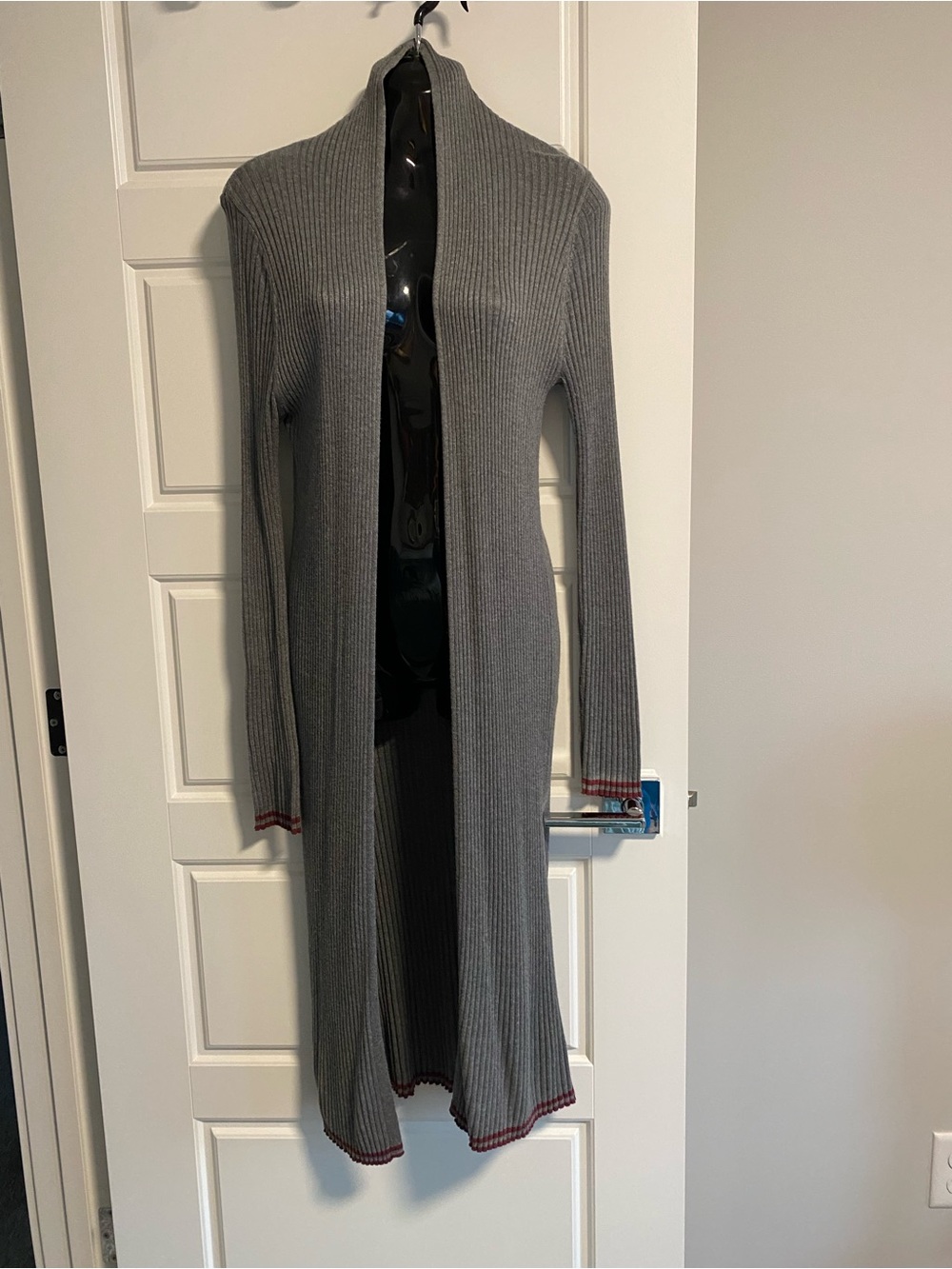 Pink Rose Gray Ribbed Knit Cardigan with Burgundy Trim